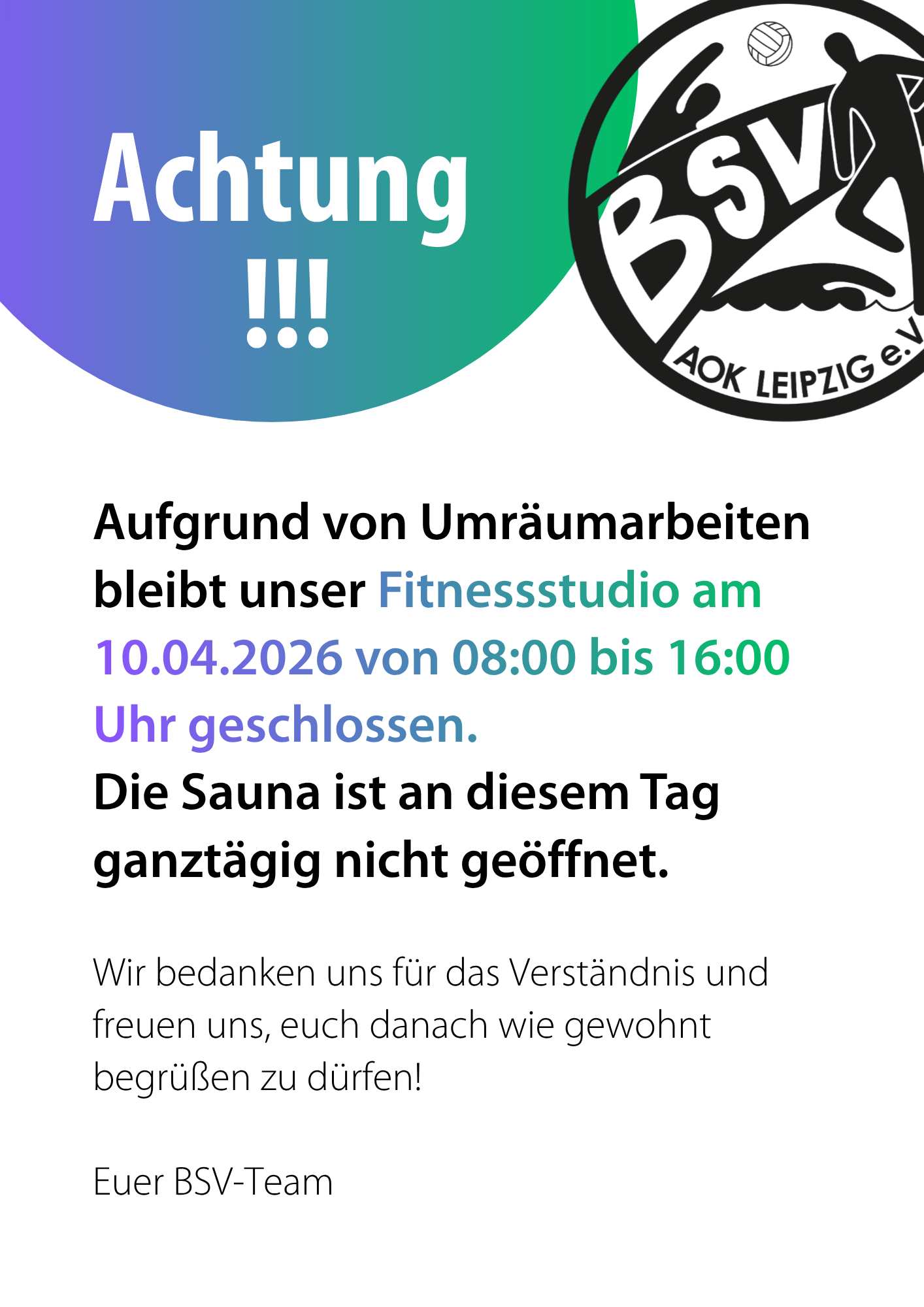 Achtung - Fittnessstudio & Sauna am 10.04.2026 geschlossen!
